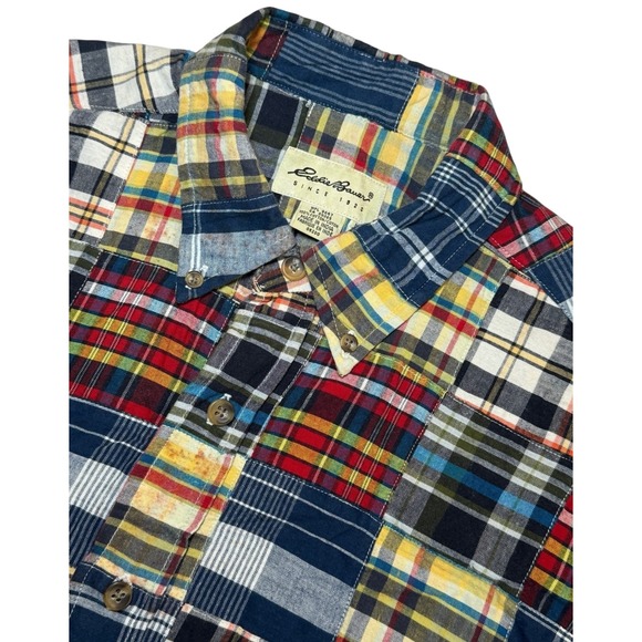 Eddie Bauer Mens Large Patchwork Plaid Short Sleeve Button Up Casual Shirt - Picture 1 of 7